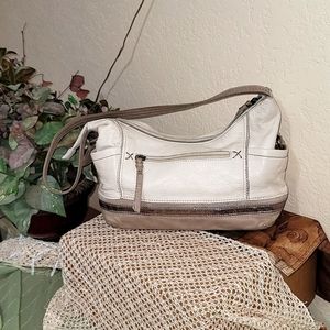 The Sak BOHO Small Purse Shoulder Hand Bag 100% LEATHER Ivory Taupe
